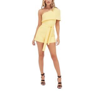 Lavish Alice Bold Yellow One‑Shoulder Romper Asymmetric Neck Self‑Tie Waist
